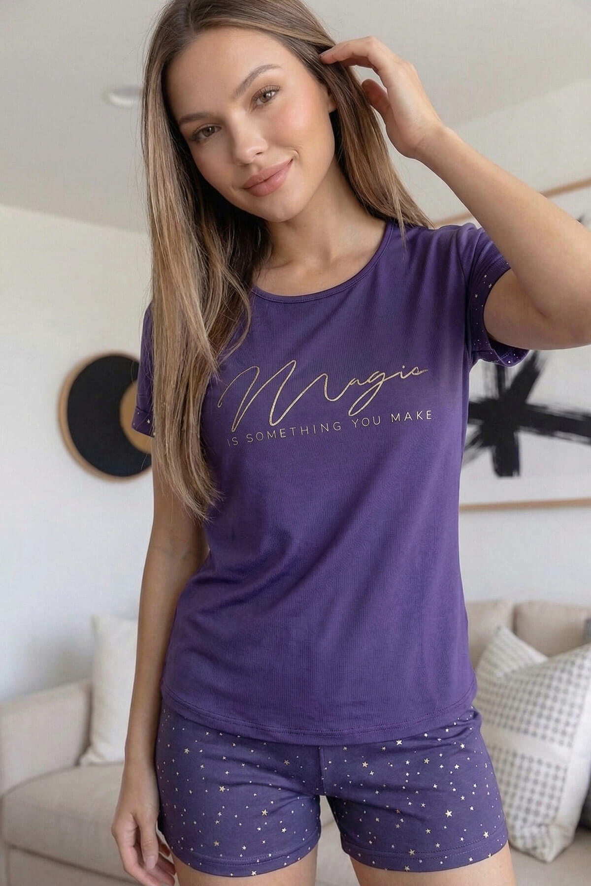 Lila Magic Desenli Bambu Kısa Kol Şortlu Kadın Pijama Takımı - Pijamaevi (3)