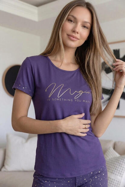 Lila Magic Desenli Bambu Kısa Kol Şortlu Kadın Pijama Takımı - 5