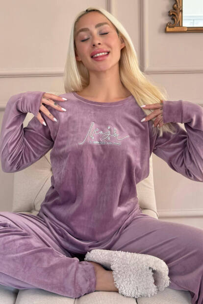 Lila Magic Desenli Exclusive Kadife Kadın Pijama Takımı  