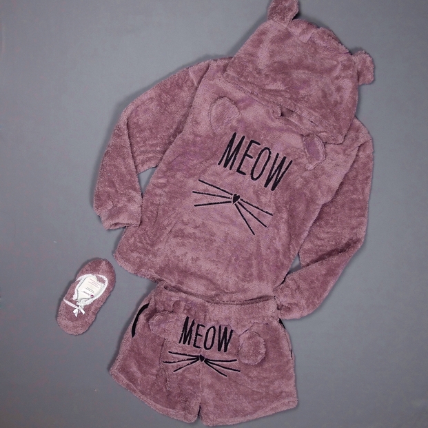 Lila Meow Desenli Şortlu Tam Peluş Pijama Takımı - 3