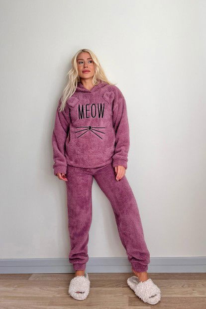 Lila Meow Desenli Tam Peluş Pijama Takımı - 5