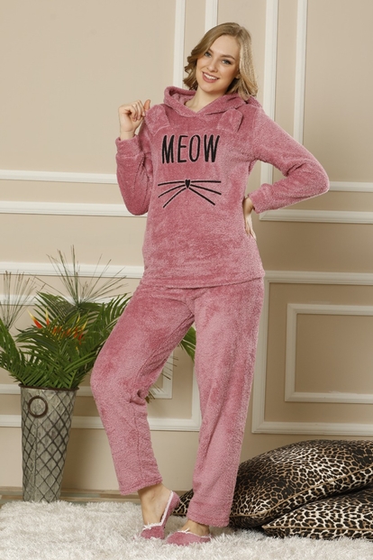 Lila Meow Desenli Tam Peluş Pijama Takımı - 1