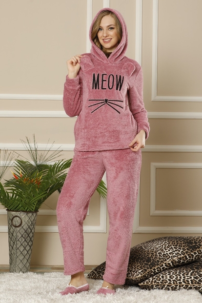 Lila Meow Desenli Tam Peluş Pijama Takımı - 2
