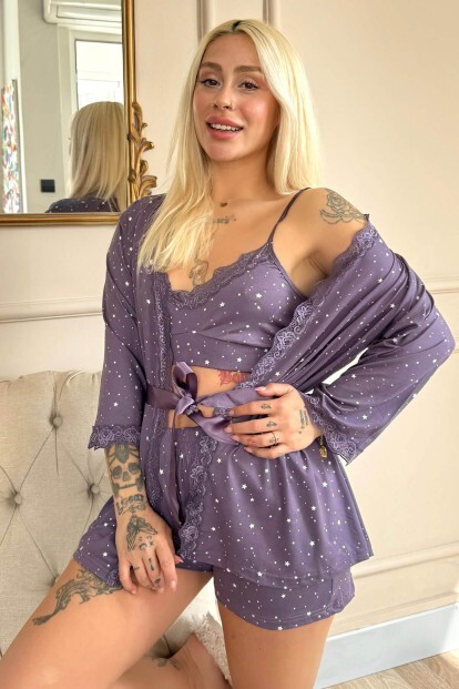 Lila Mini Stars Desenli Bambu Crop Sabahlıklı Şortlu Kadın Pijama Takımı - 6