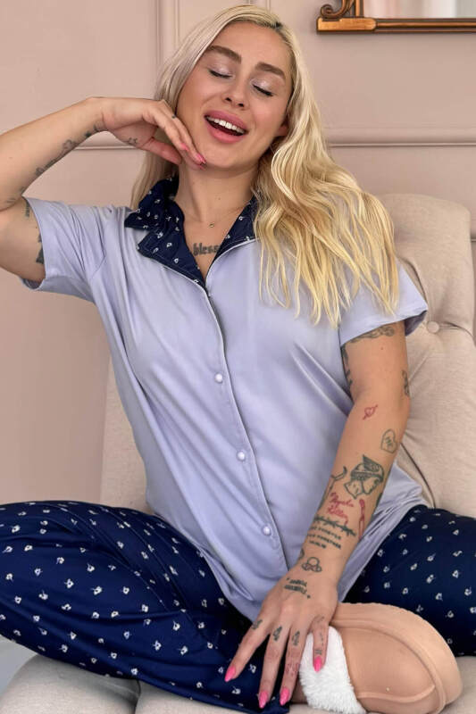 Lila Minifloral Exclusive Önden Düğmeli Kadın Pijama Takımı - Pijamaevi