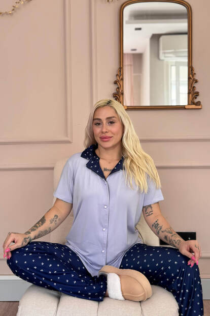 Lila Minifloral Exclusive Önden Düğmeli Kadın Pijama Takımı - 2