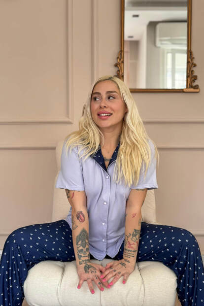 Lila Minifloral Exclusive Önden Düğmeli Kadın Pijama Takımı - 3