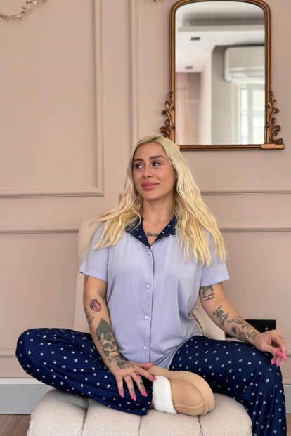 Lila Minifloral Exclusive Önden Düğmeli Kadın Pijama Takımı - 4