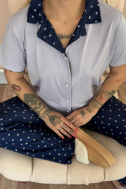 Lila Minifloral Exclusive Önden Düğmeli Kadın Pijama Takımı - 5