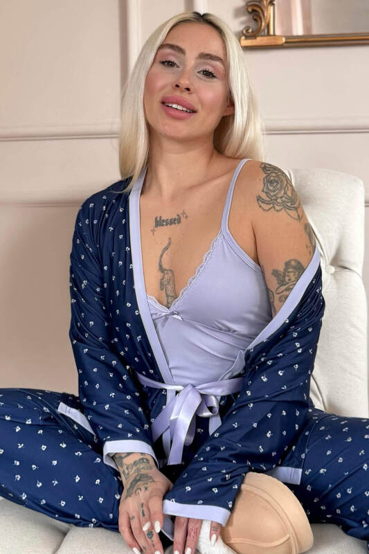 Lila Minifloral Exclusive Örme Sabahlıklı Kadın Pijama Takım - Pijamaevi