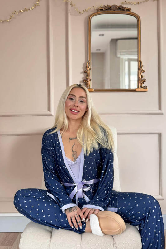 Lila Minifloral Exclusive Örme Sabahlıklı Kadın Pijama Takım - Pijamaevi (1)