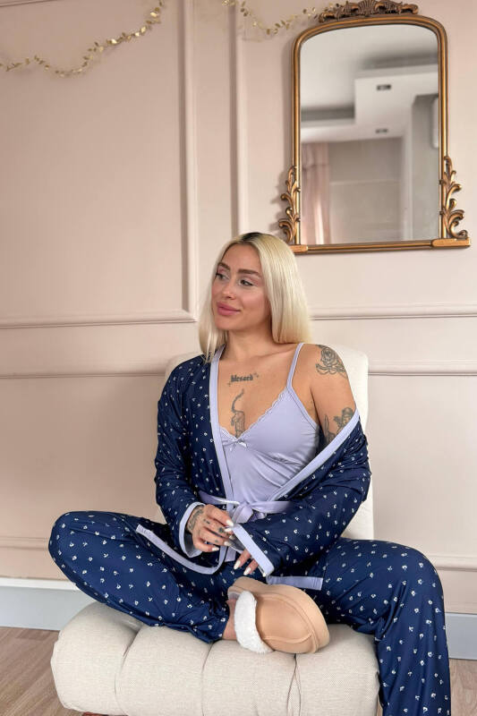 Lila Minifloral Exclusive Örme Sabahlıklı Kadın Pijama Takım - Pijamaevi (2)
