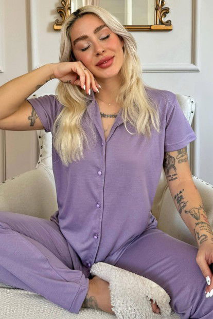 Lila Önden Düğmeli Kısa Kol Örme Kadın Pijama - 1