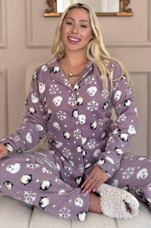 Lila Penguen Desenli Önden Düğmeli Peluş Polar Pijama Takımı - Pijamaevi