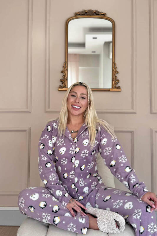 Lila Penguen Desenli Önden Düğmeli Peluş Polar Pijama Takımı - Pijamaevi (2)