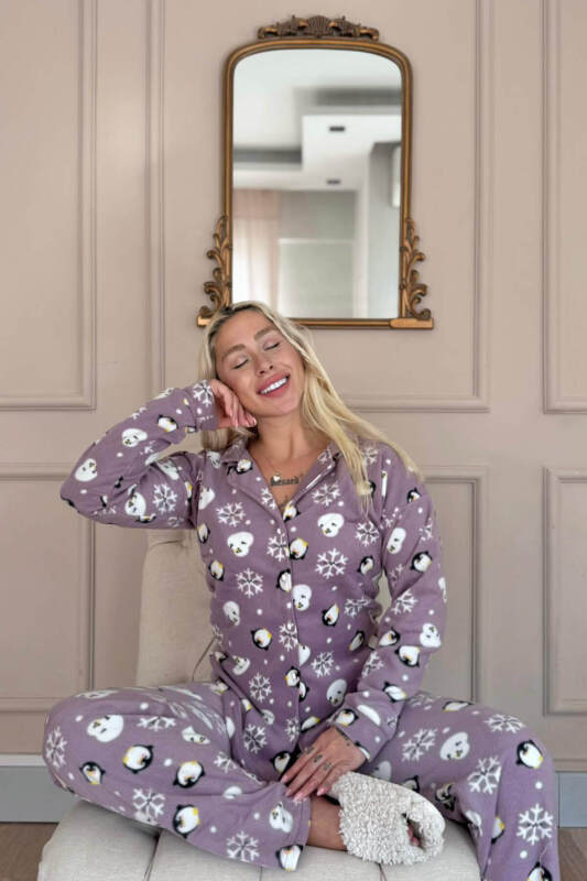 Lila Penguen Desenli Önden Düğmeli Peluş Polar Pijama Takımı - Pijamaevi (3)