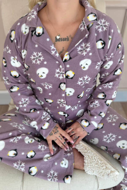 Lila Penguen Desenli Önden Düğmeli Peluş Polar Pijama Takımı - 5