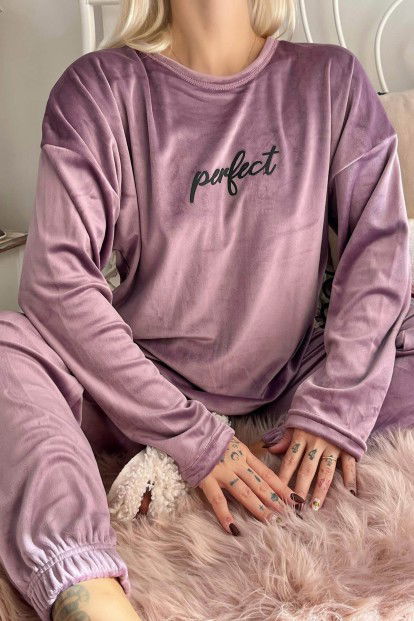 Lila Perfect Desenli Exclusive Kadife Kadın Pijama Takımı  - 5