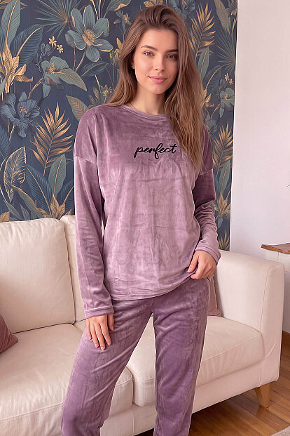 Lila Perfect Desenli Exclusive Kadife Kadın Pijama Takımı  - 7