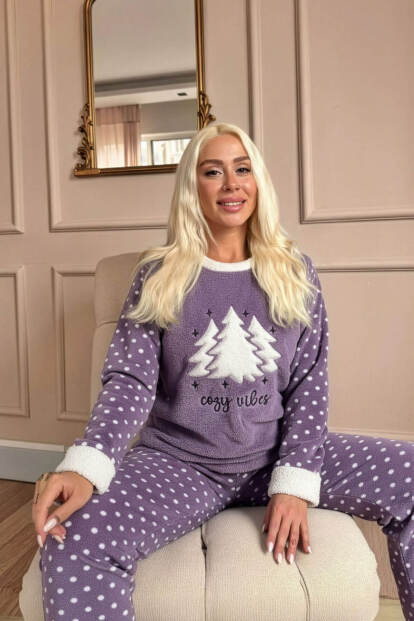 Lila Pine Tree Desenli Kadın Peluş Pijama Takımı - 2