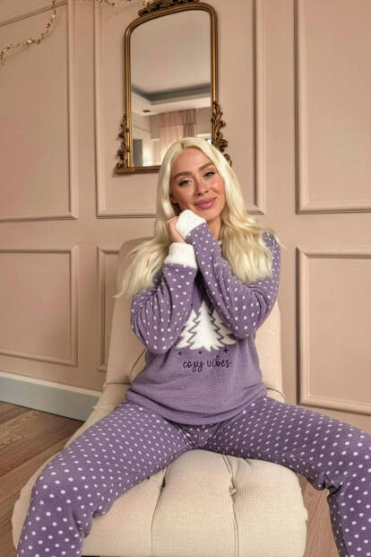 Lila Pine Tree Desenli Kadın Peluş Pijama Takımı - 4
