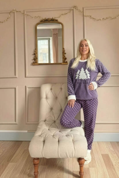 Lila Pine Tree Desenli Kadın Peluş Pijama Takımı - 5