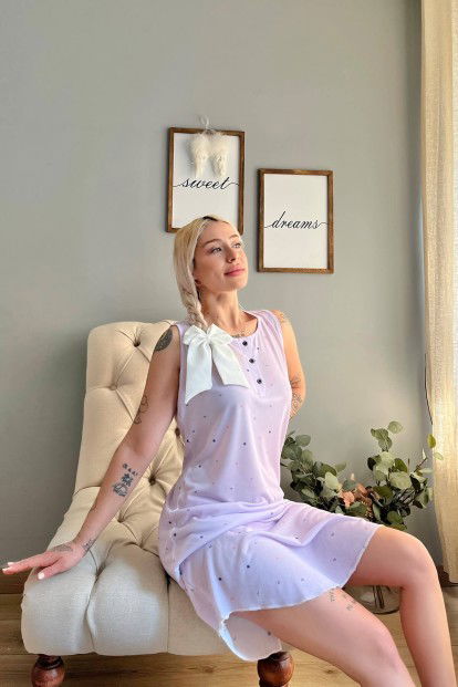 Lila Ragged Desenli Sıfır Kol Kadın Gecelik - 3
