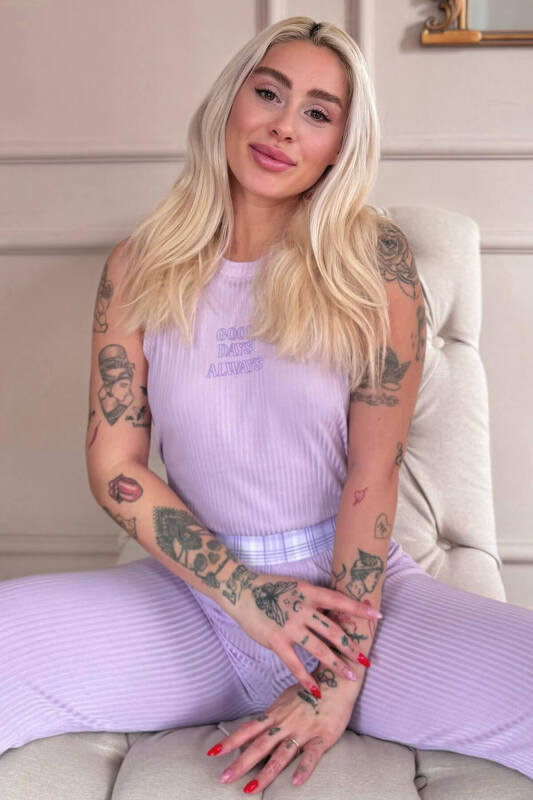 Lila Reve Elegance Desenli Örme Sıfır Kol Kadın Pijama Takımı - Pijamaevi (1)
