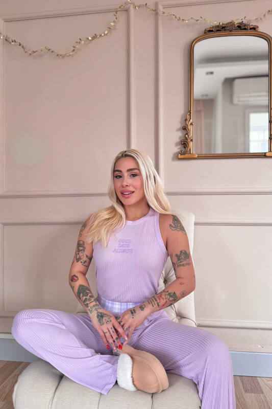 Lila Reve Elegance Desenli Örme Sıfır Kol Kadın Pijama Takımı - Pijamaevi (2)