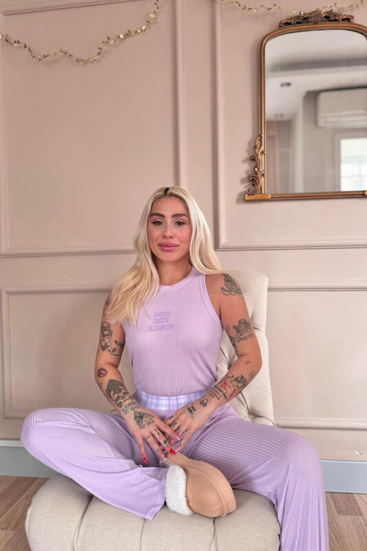 Lila Reve Elegance Desenli Örme Sıfır Kol Kadın Pijama Takımı - Pijamaevi (3)