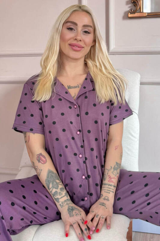 Lila Royal Dots Desenli Bambu Önden Düğmeli Kısa Kol Pijama Takımı - Pijamaevi