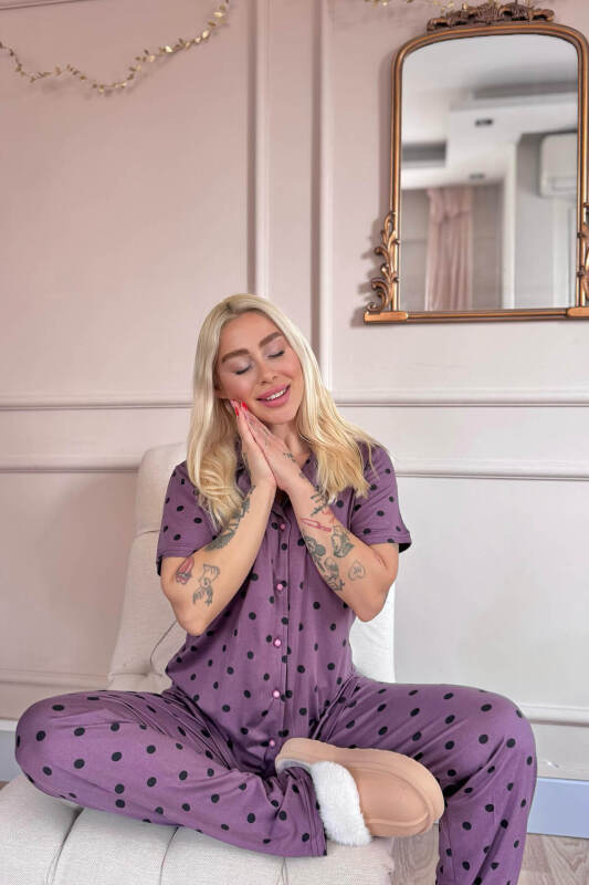 Lila Royal Dots Desenli Bambu Önden Düğmeli Kısa Kol Pijama Takımı - Pijamaevi (1)