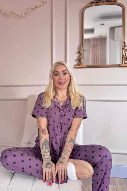Lila Royal Dots Desenli Bambu Önden Düğmeli Kısa Kol Pijama Takımı - 3