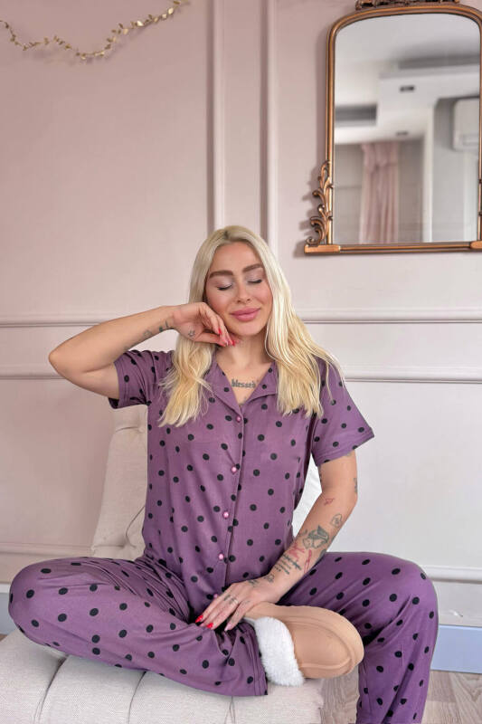 Lila Royal Dots Desenli Bambu Önden Düğmeli Kısa Kol Pijama Takımı - Pijamaevi (3)