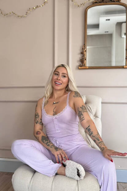 Lila Sogno Örme Dantel Askılı Kadın Pijama Takımı - 2