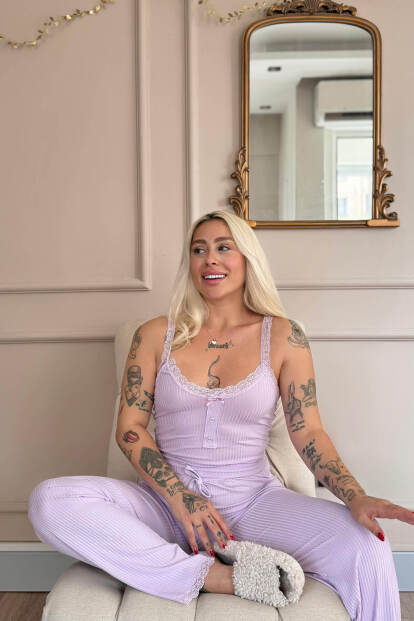 Lila Sogno Örme Dantel Askılı Kadın Pijama Takımı - 3