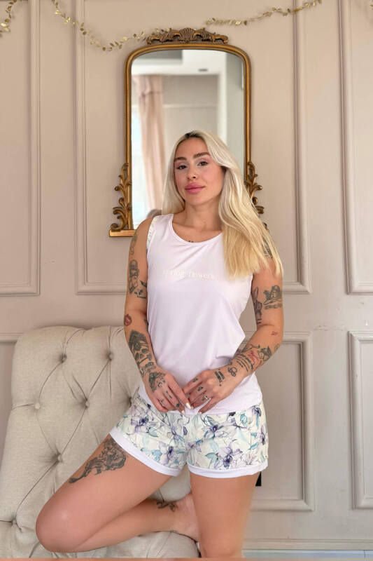 Lila Spring Flowers Desenli Sıfır Kol Şortlu Örme Kadın Pijama Takımı - Pijamaevi (1)