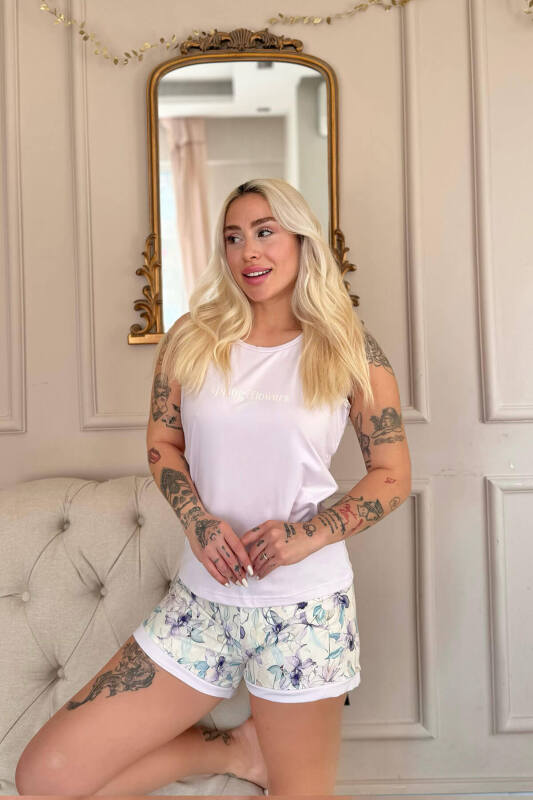 Lila Spring Flowers Desenli Sıfır Kol Şortlu Örme Kadın Pijama Takımı - Pijamaevi (2)