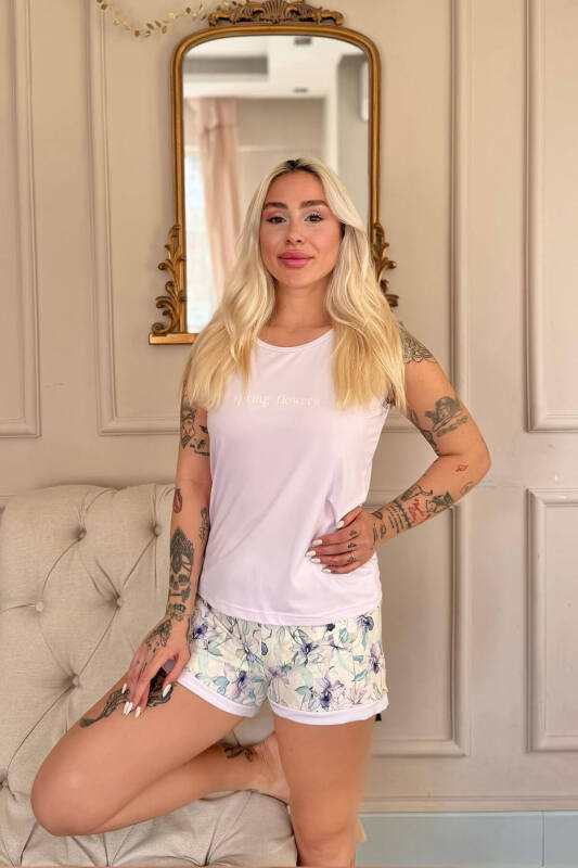 Lila Spring Flowers Desenli Sıfır Kol Şortlu Örme Kadın Pijama Takımı - Pijamaevi (3)