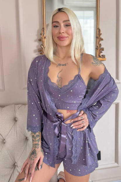 Lila Stars Desenli Bambu Crop Sabahlıklı Şortlu Kadın Pijama Takımı - 1