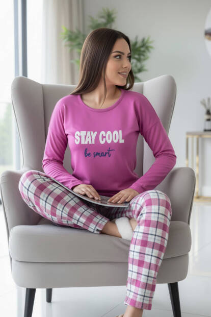 Lila Stay Cool Desenli Termal Kadın Pijama Takımı - 4