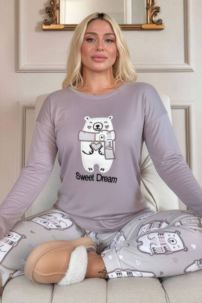 Lila Sweet Dream Desenli Termal Kadın Pijama Takımı 