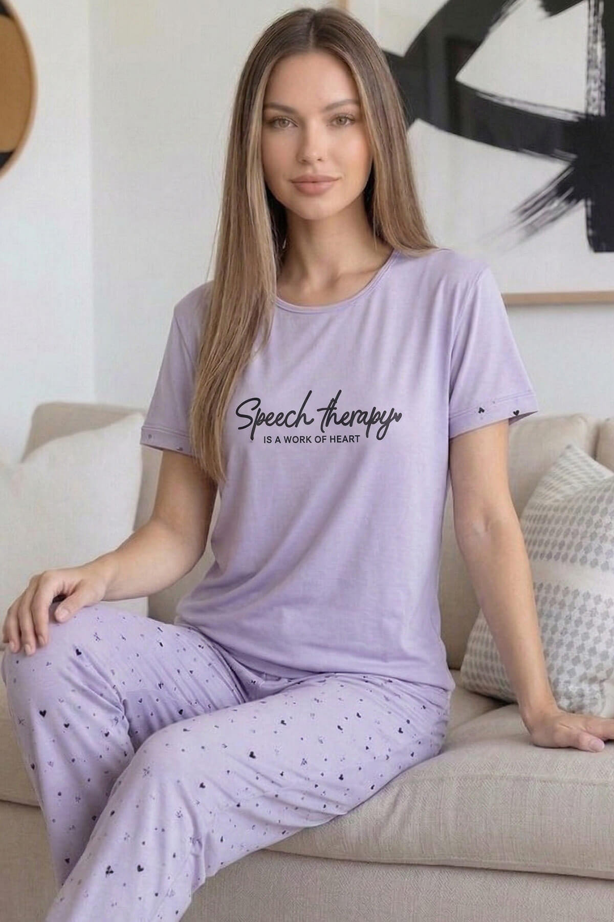 Lila Therapy Desenli Bambu Kısa Kol Kadın Pijama Takımı - Pijamaevi