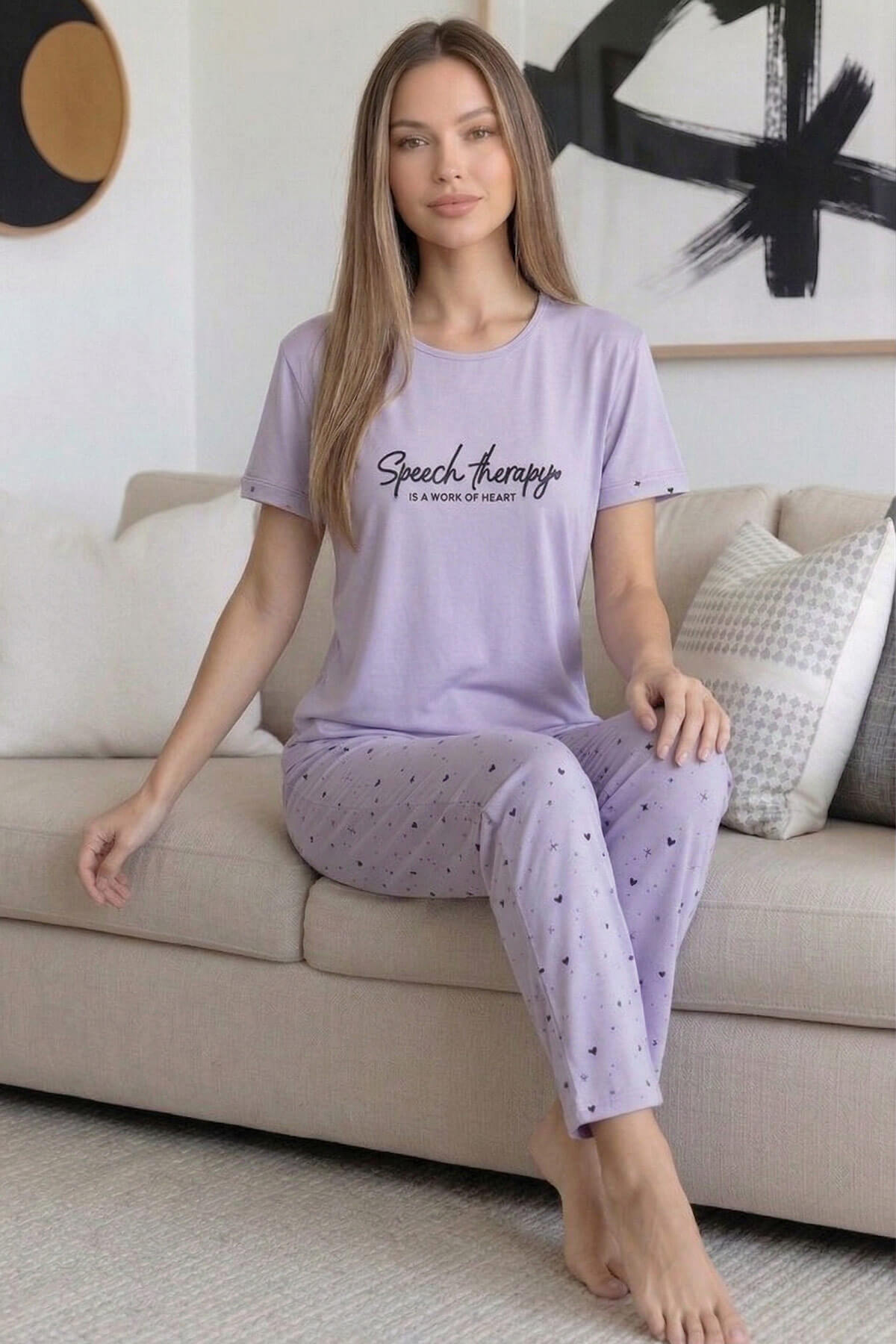 Lila Therapy Desenli Bambu Kısa Kol Kadın Pijama Takımı - Pijamaevi (1)