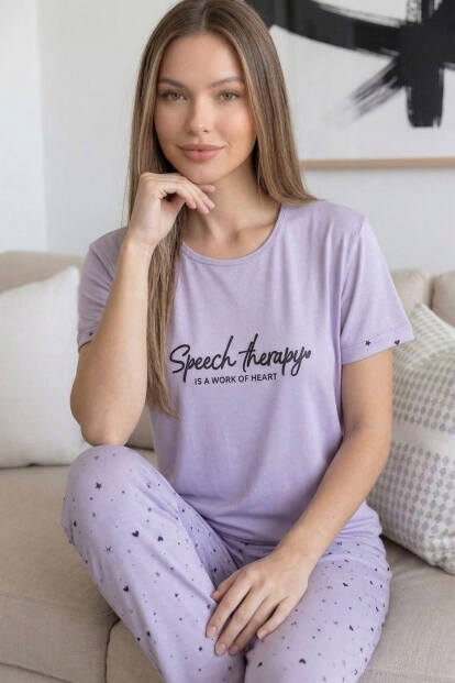 Lila Therapy Desenli Bambu Kısa Kol Kadın Pijama Takımı - 3