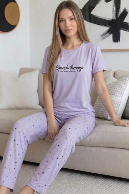 Lila Therapy Desenli Bambu Kısa Kol Kadın Pijama Takımı - 5