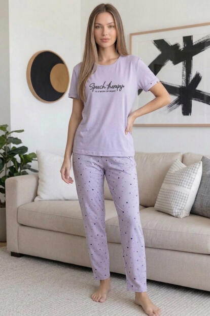 Lila Therapy Desenli Bambu Kısa Kol Kadın Pijama Takımı - 6