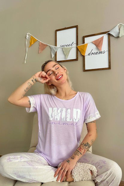 Lila Wild Baskılı Örme Kısa Kollu Kadın Pijama Takımı - 2