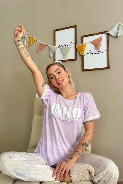 Lila Wild Baskılı Örme Kısa Kollu Kadın Pijama Takımı - 3