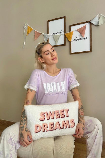 Lila Wild Baskılı Örme Kısa Kollu Kadın Pijama Takımı - 4